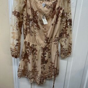 Fashion Nova Beige and Brown Sequin Romper